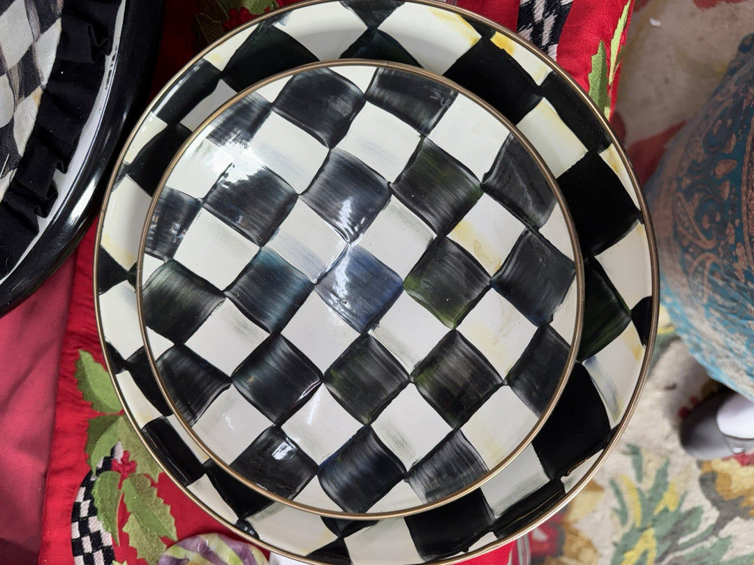 Mackenzie Childs COURTLY CHECK Enamel GOURMAND COUPE Serving Set 2 Bowls