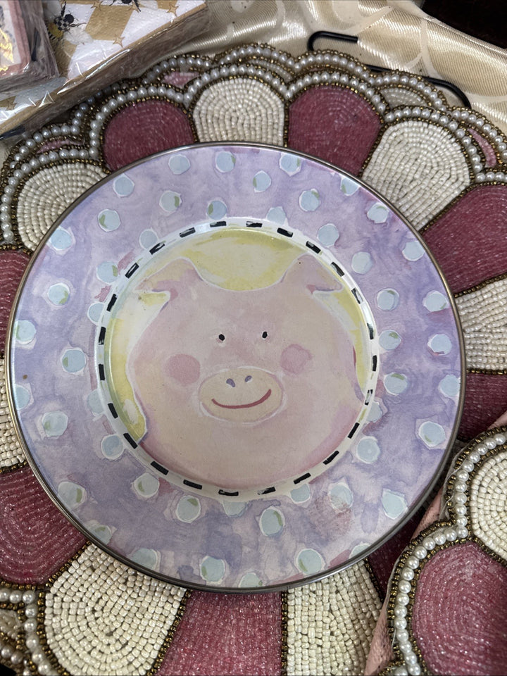 Vintage Mackenzie-Childs Pig Enamelware Metal Rim Childs Plate Retired 8”