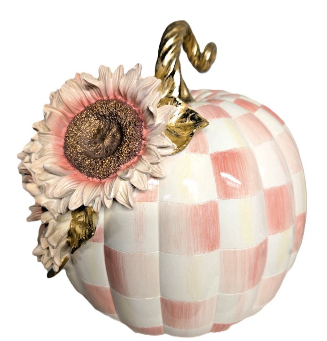 MacKenzie Childs Rosy Check Pumpkin Pink Sunflower - 13" Large, Gold Accents Nib
