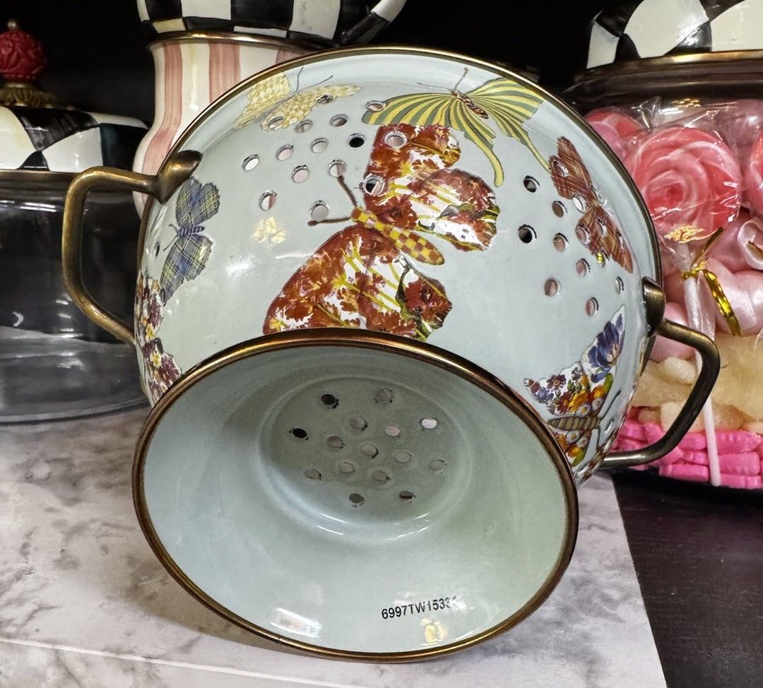 MACKENZIE Childs Blue BUTTERFLY GARDEN SMALL ENAMEL COLANDER RETIRED