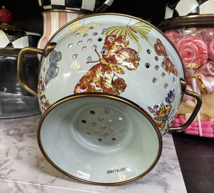 MACKENZIE Childs Blue BUTTERFLY GARDEN SMALL ENAMEL COLANDER RETIRED