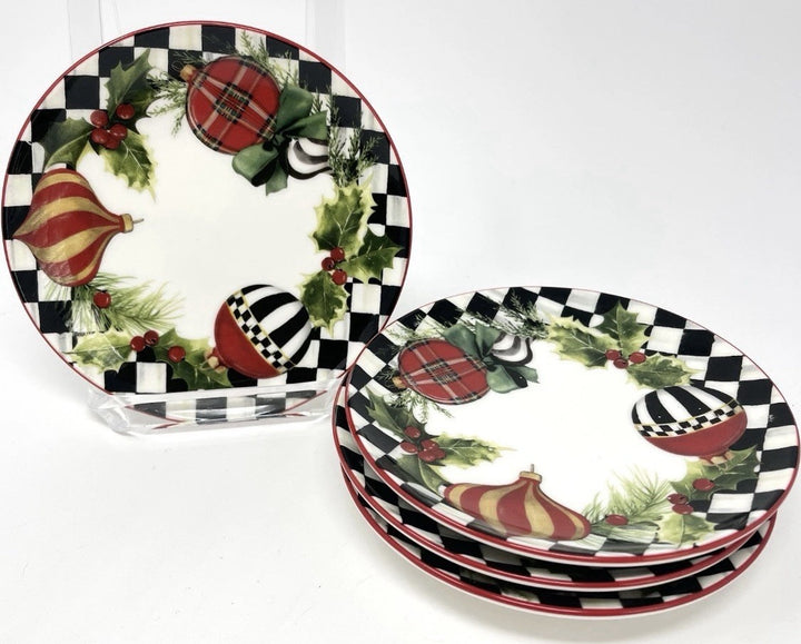 NWT Mackenzie Childs Deck The Halls Appetizer Plates 5.5" Set of 4 Christmas