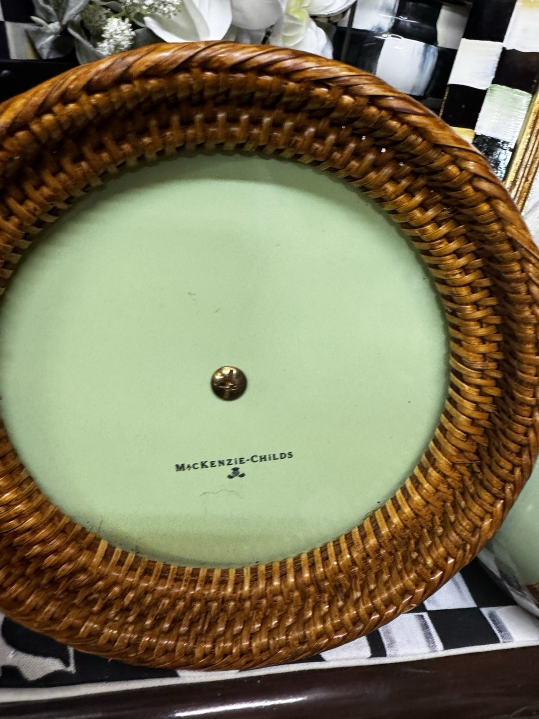 MacKenzie Childs Paper Towel Holder Retired Green Flower Market RATTAN Base