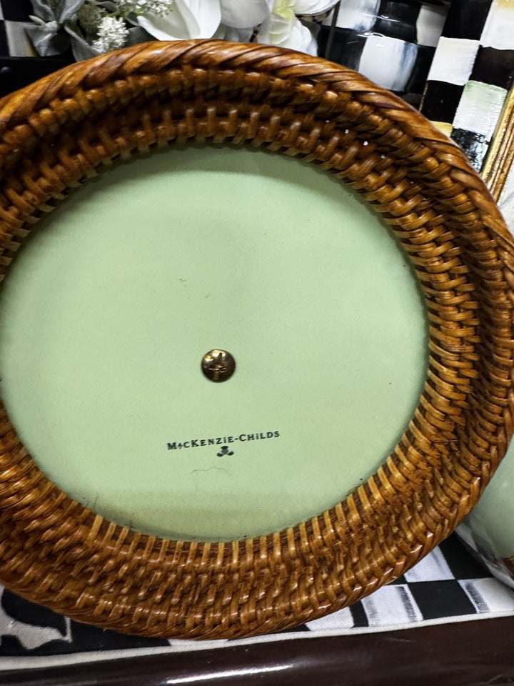 MacKenzie Childs Paper Towel Holder Retired Green Flower Market RATTAN Base