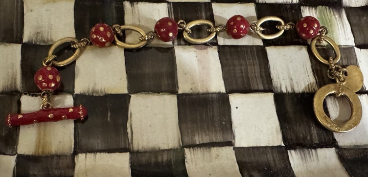 Mackenzie Childs Red Polka Dot Enamel Toggle Charm Bracelet- 8" inch Retired