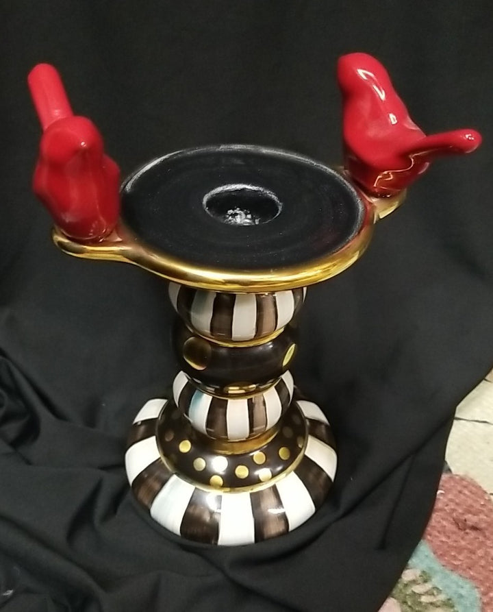 MacKenzie Childs Courtly Stripe Birds  Candlestick -new Ceramic