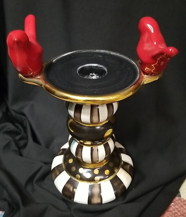 MacKenzie Childs Courtly Stripe Birds  Candlestick -new Ceramic