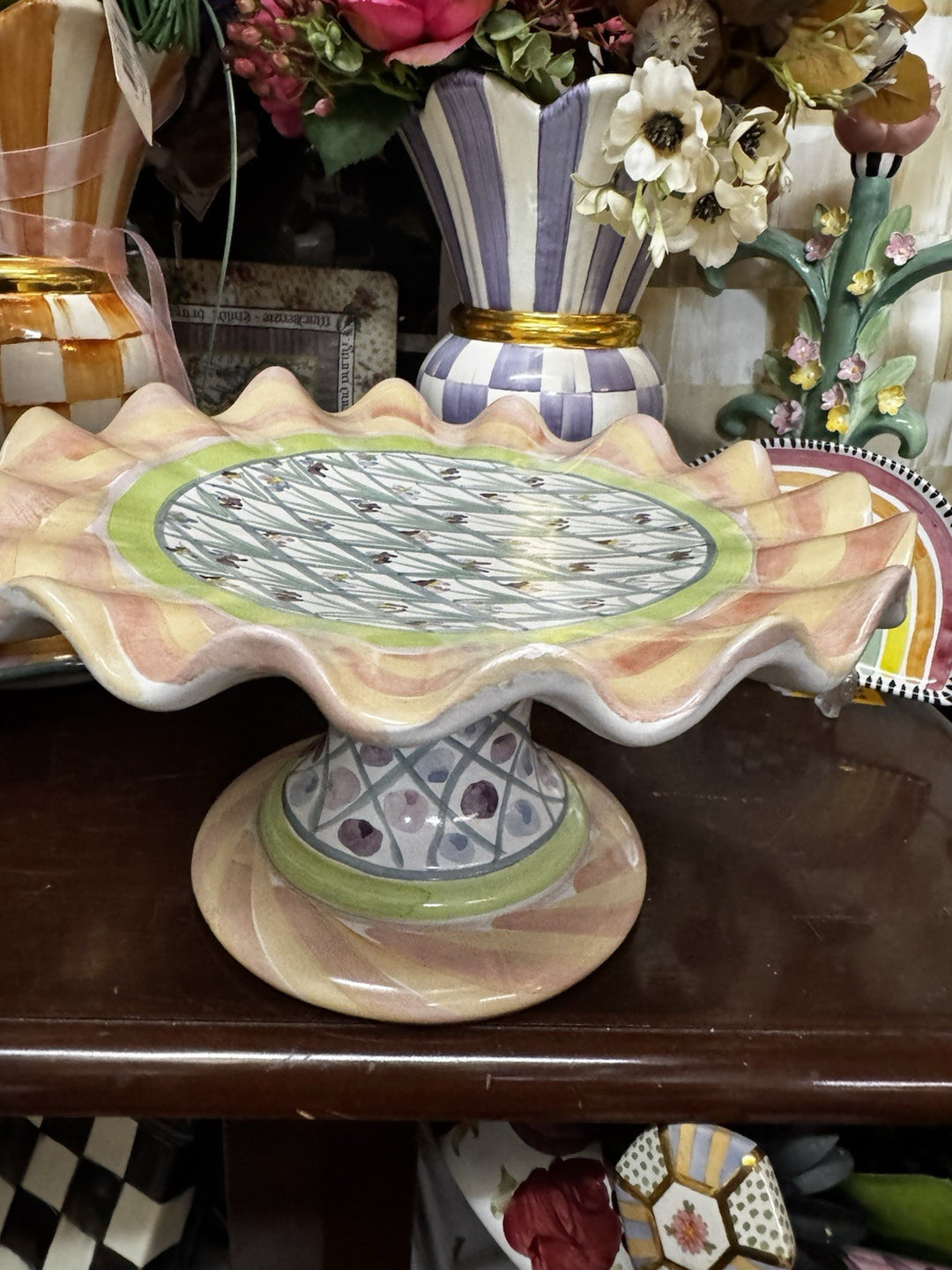 Mackenzie Childs VTG Taylor Bearded Iris  Cake Stand Ceramic Made In Aurora