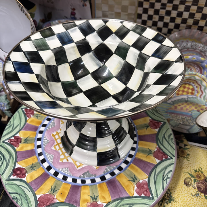 MacKenzie Childs Courtly Check Large Pedestal Compote Bowl Glossy