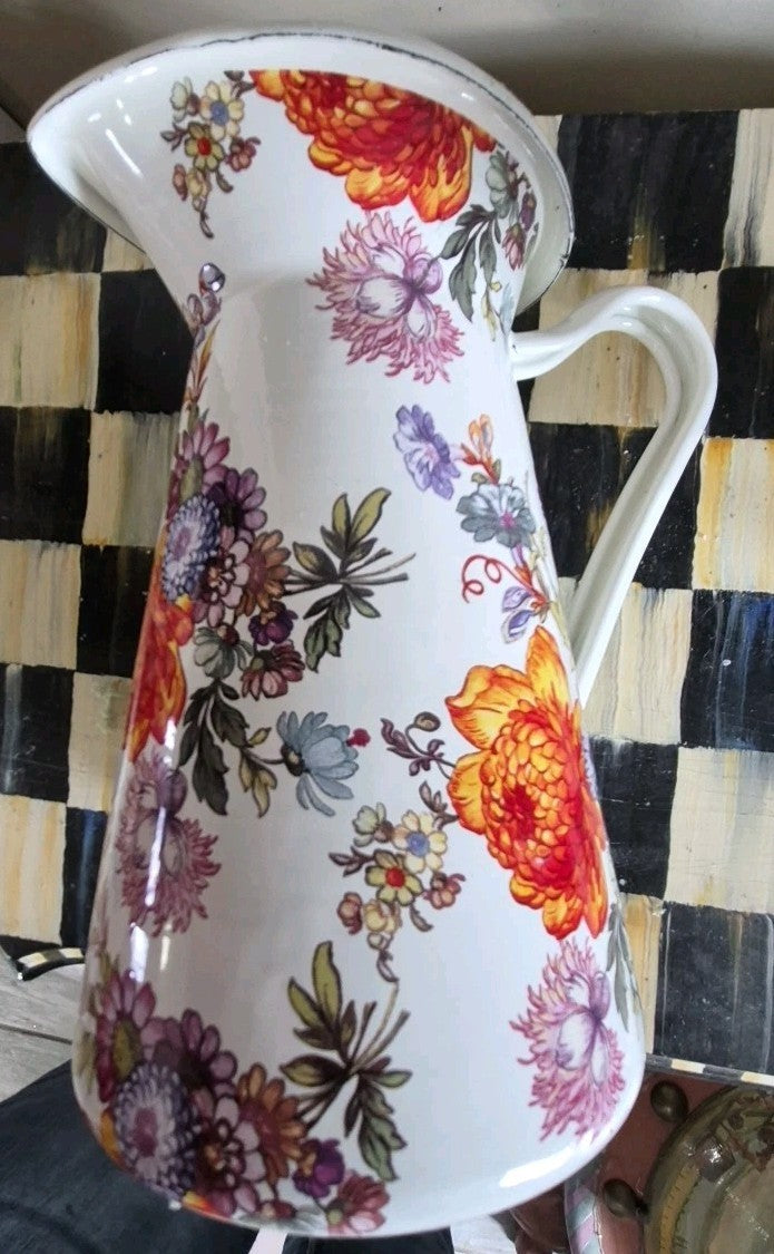MacKenzie Childs Practical Pitcher Metal White Flower Market SMALL 8.5" TALL