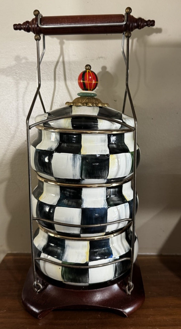 Mackenzie Childs Courtly Check Stack Squash Pot Tiffin Set 1995 Enamel