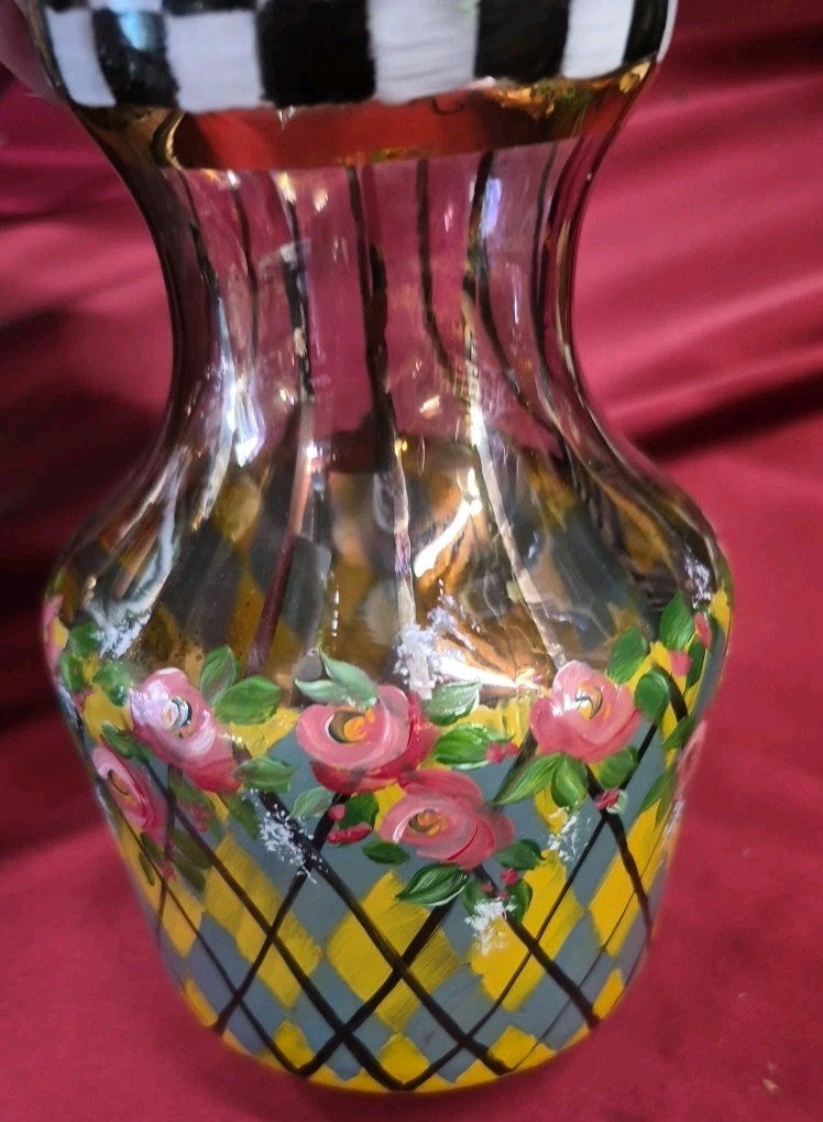 Vintage  Mackenzie Childs Courtly Check Tartan Glass  Circus Carafe W/wooden Lid