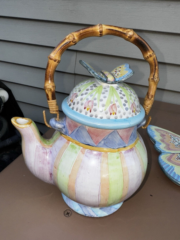 Mackenzie Childs Ceramic Butterfly Collection  With Bamboo Handle Teapot 2006