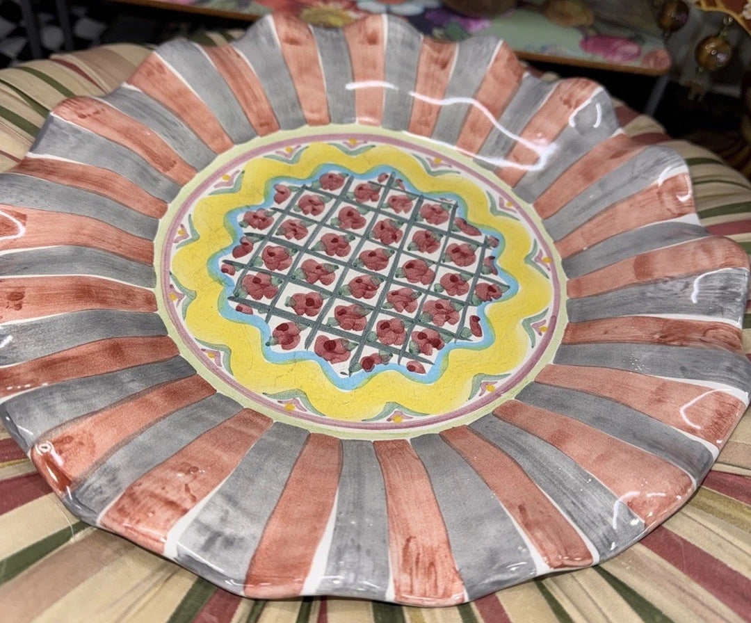 MacKenzie Childs Taylor Cottage Rose  Dinner Plate Fluted 11" Excellent 1996