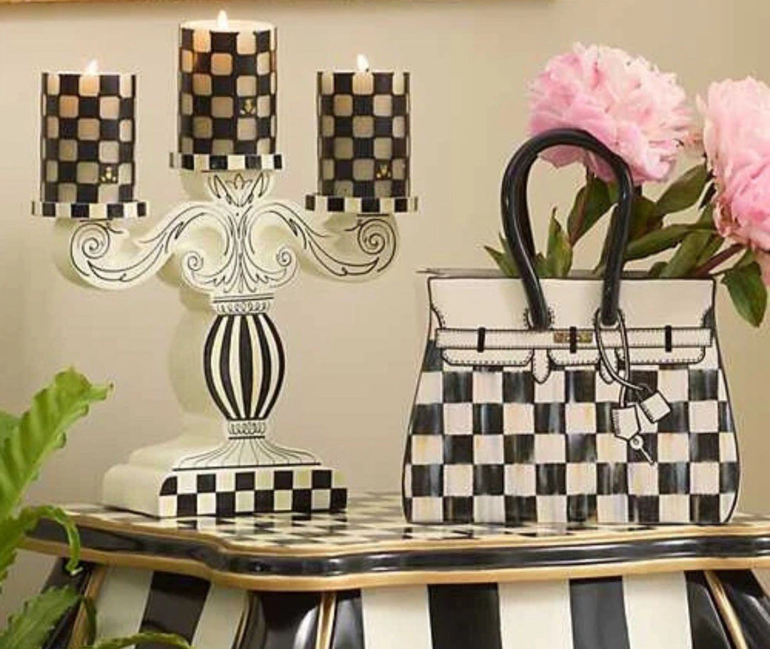 Mackenzie Childs DOODLES CANDELABRA PILLAR CANDLE HOLDER Boudoir White Black New