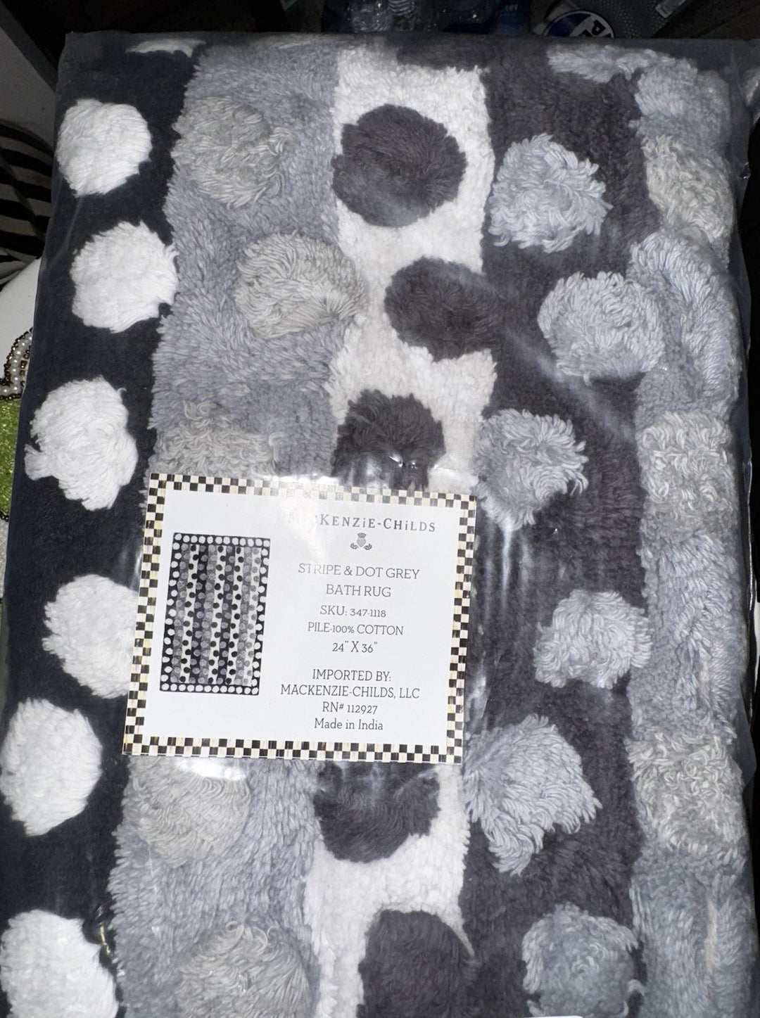 MACKENZIE CHILDS Stripe And Dot Grey BATH RUG 24" W x 36"  NIB