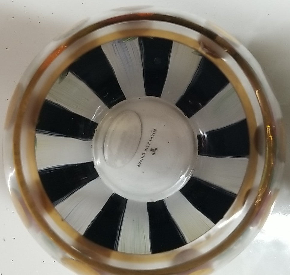 Mackenzie Childs Heirloom Black White Circus Stripe Rose Bowl EUC Retired 4”