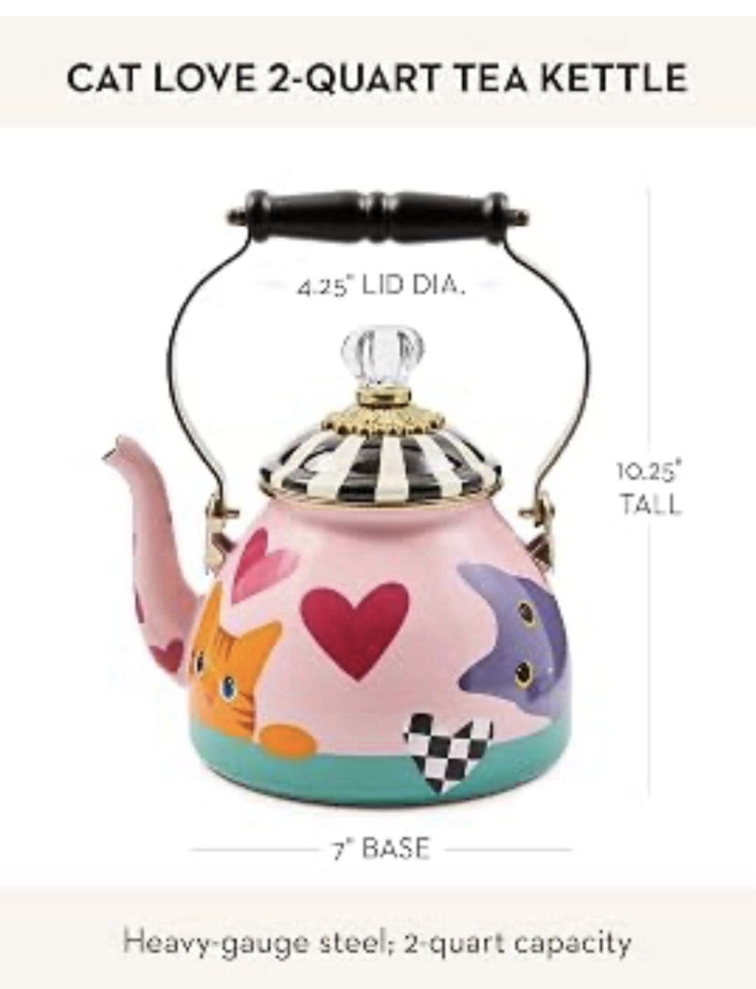 Mackenzie Childs Cat Love 2-qt Tea Kettle Multicolor New Open Box