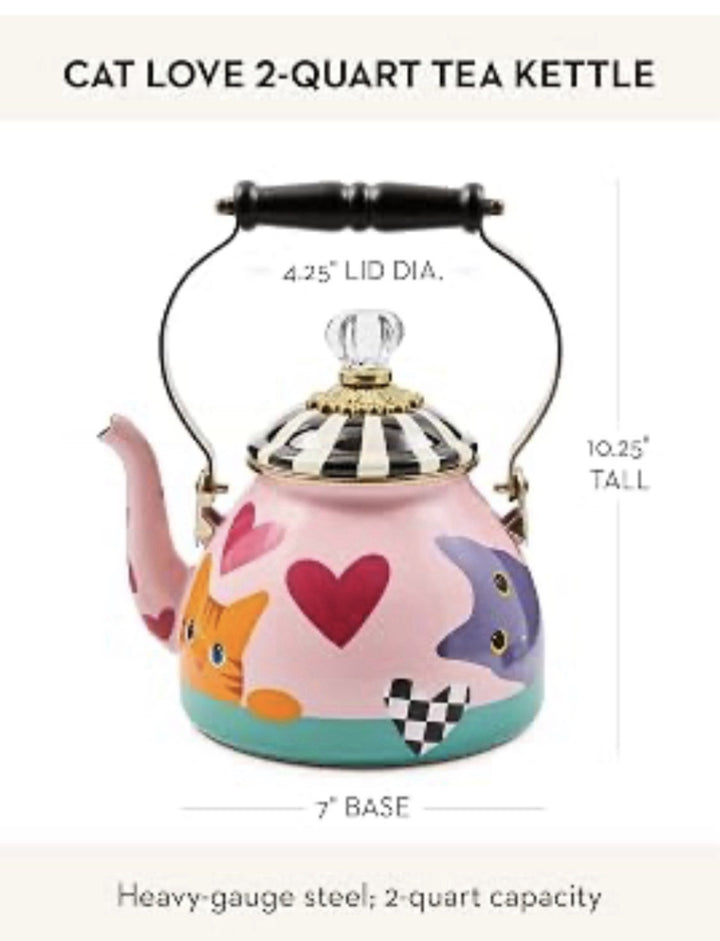 Mackenzie Childs Cat Love 2-qt Tea Kettle Multicolor New Open Box