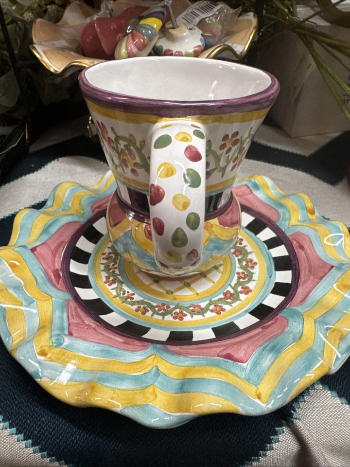 NEW Mackenzie Childs Hitchcock Field TAYLOR MUG Only Hand Painted Majolica