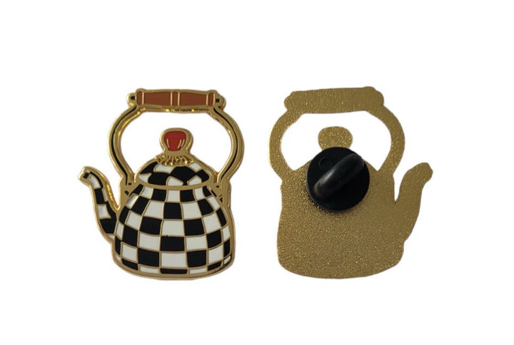 Mackenzie Childs Inspired Courtly Check  Tea Kettle Teapot Enamel Lapel Pin