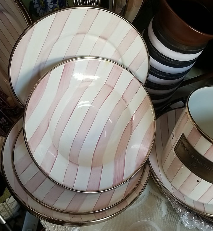 MacKenzie Childs Pink Stripe Bathing Hut   Breakfast Bowl, 8” -enamel