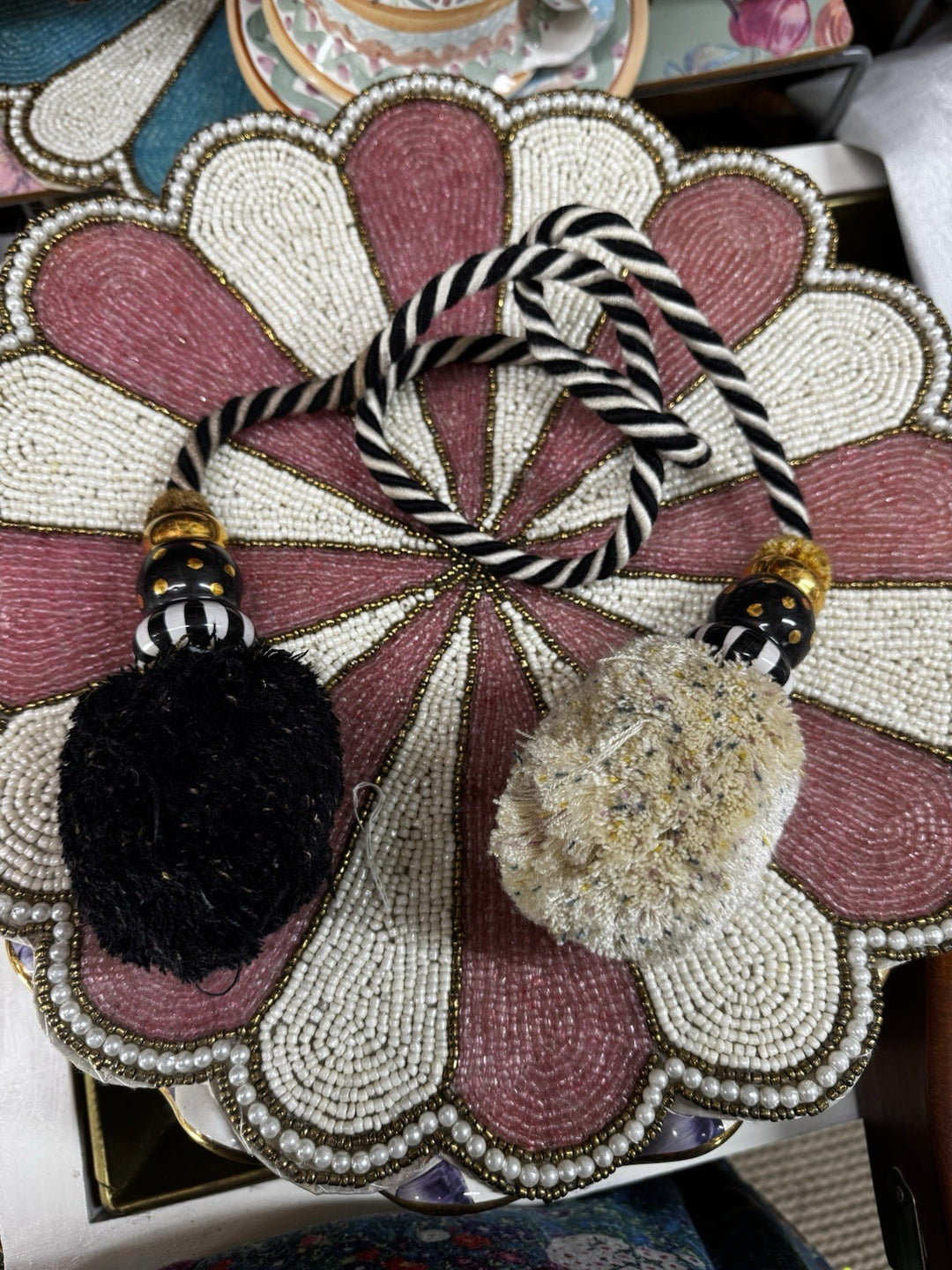 MacKenzie Childs 38.5" Long Tie Backs Tassel Black & Beige  Pom Pom Ceramic