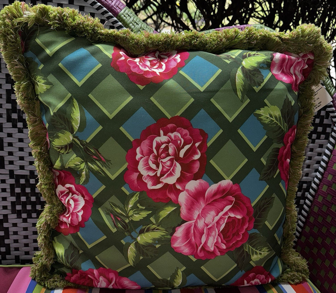 Mackenzie Childs Greenhouse Wild Rose Outdoor Throw Pillow 20 x 20 Excellent