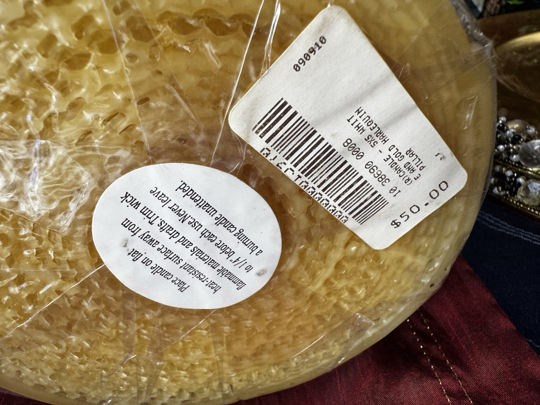 MacKenzie Childs Gold And White  Harlequin Pillar Candle 5 x 5" Beeswax Retired