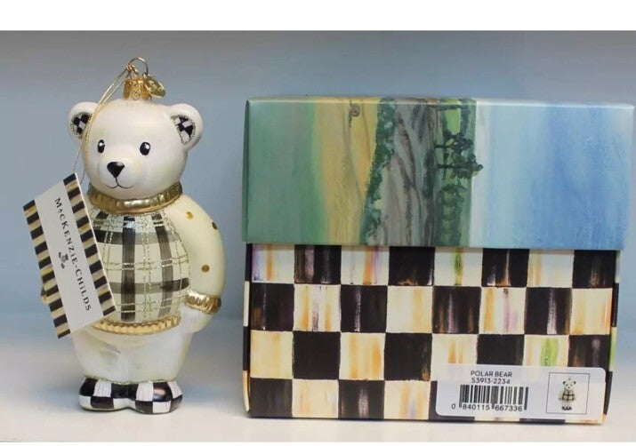 MacKenzie Childs Polar Bear Glass Christmas Ornament  in Original Box- Retired