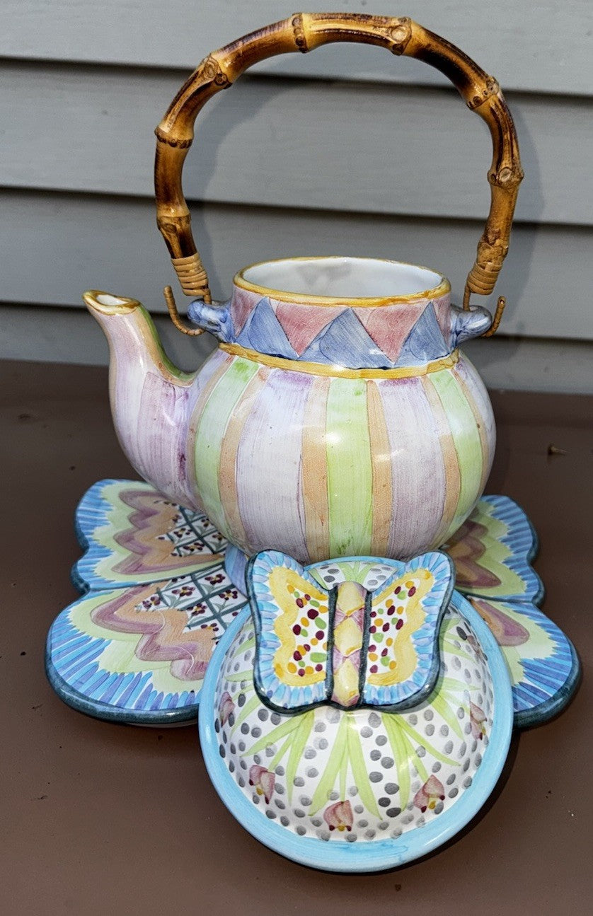 Mackenzie Childs Ceramic Butterfly Collection  With Bamboo Handle Teapot 2006