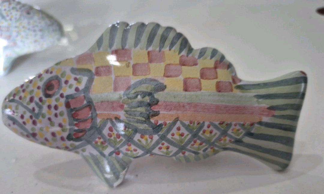 Set 2 Vintage MacKenzie-Childs Pottery Fish Cabinet Knobs / Drawer Pulls Green