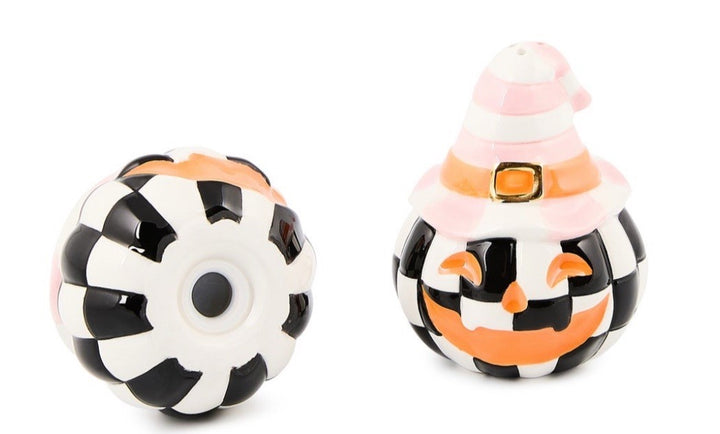 Mackenzie Childs Trick Or Treat Happy Jack Rosy Salt and Pepper Set  New In Box