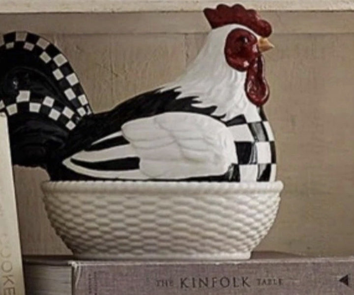 MacKenzie Childs Chicken in a Basket Casserole  Dolomite Ceramic Retired -NIB