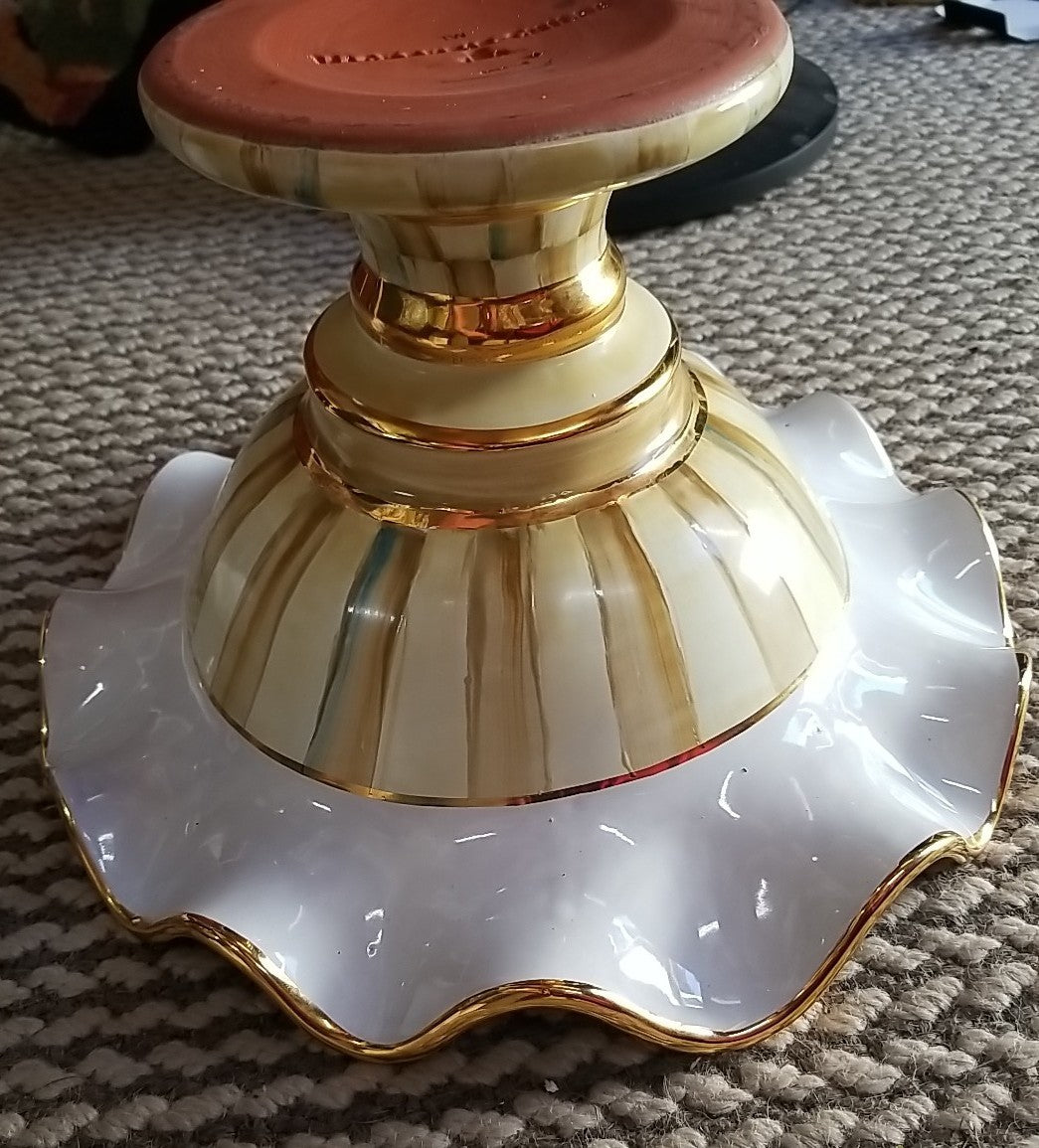 Mackenzie Childs 12” Wide Parchment check Fluted Ceramic Compote Retired