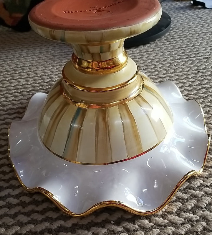 Mackenzie Childs 12” Wide Parchment check Fluted Ceramic Compote Retired