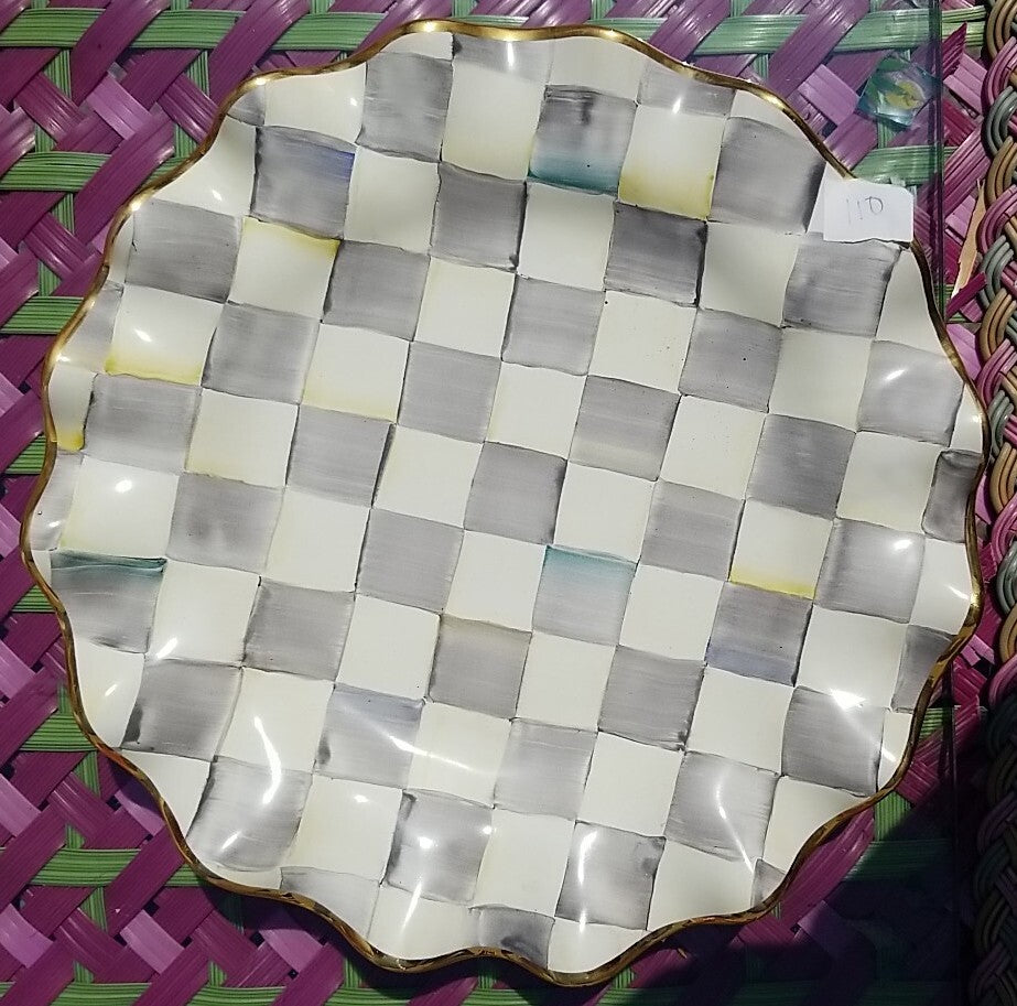 Mackenzie Childs STERLING Check Ceramic 11” Dinner Plate Fluted W/Gold Trim