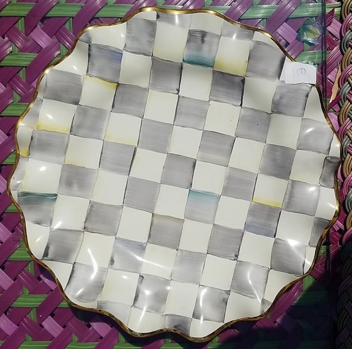 Mackenzie Childs STERLING Check Ceramic 11” Dinner Plate Fluted W/Gold Trim