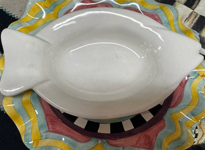 1 MacKenzie Childs Simply White  Bistro Ceramic Fish Dish 2016 Small 8”x4.5” HTF