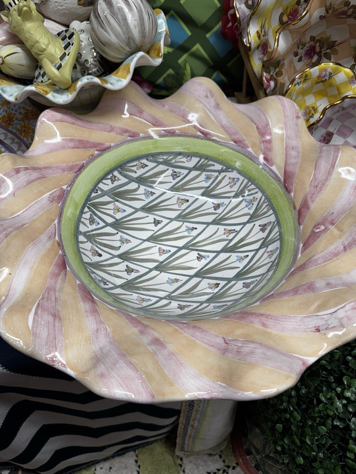 Mackenzie Childs Bearded Iris 18” Wide Bowl Round Fluted Serving Ceramic