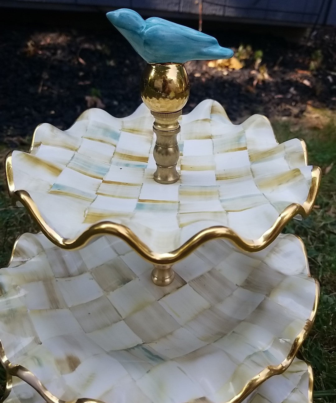 Mackenzie Childs Parchment Check Ceramic Three Tier Sweet Stand With Blue Bird