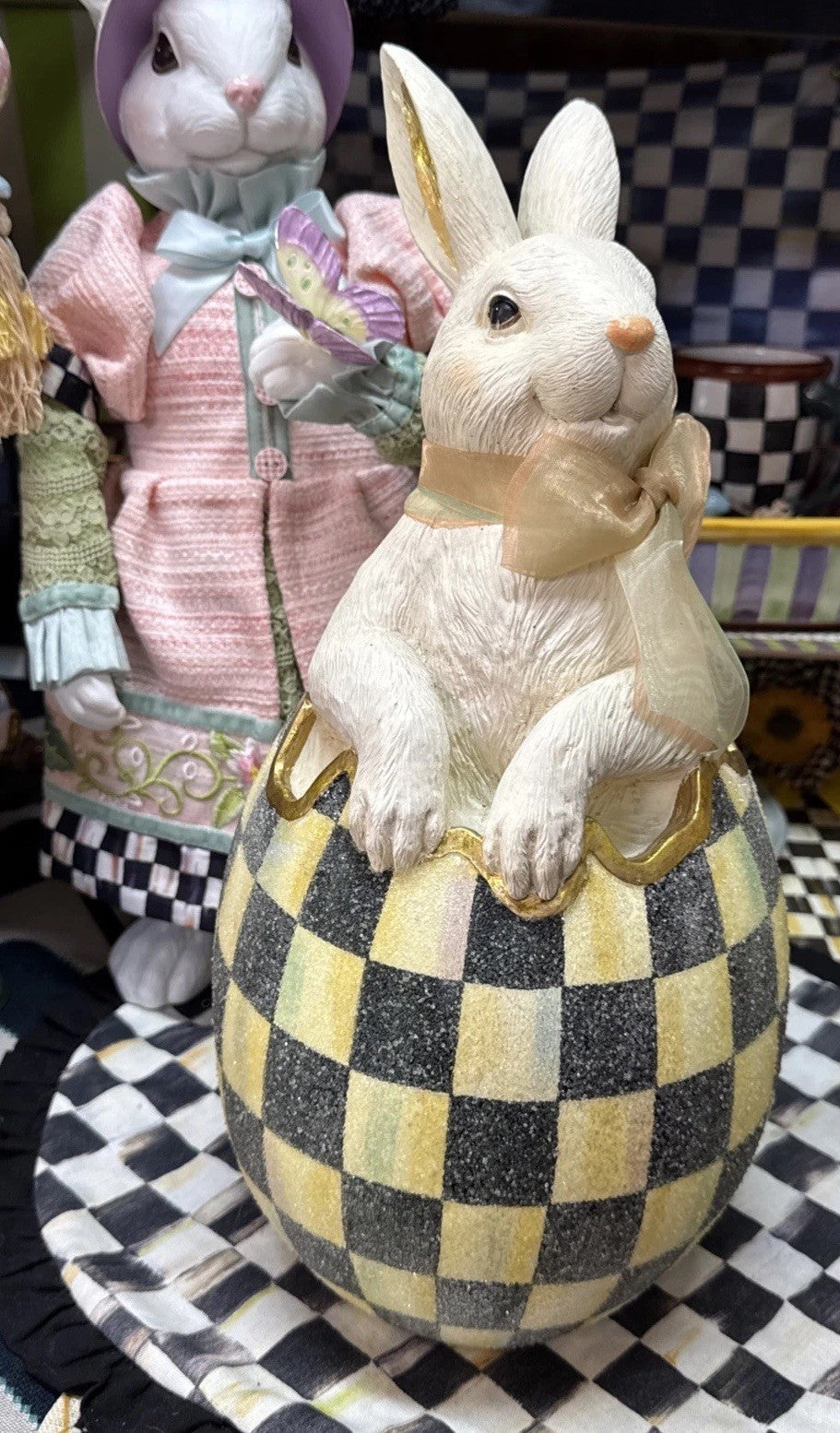 MacKenzie-Childs Courtly Check Large Bunny Surprise In Egg 15"Tall. Retired