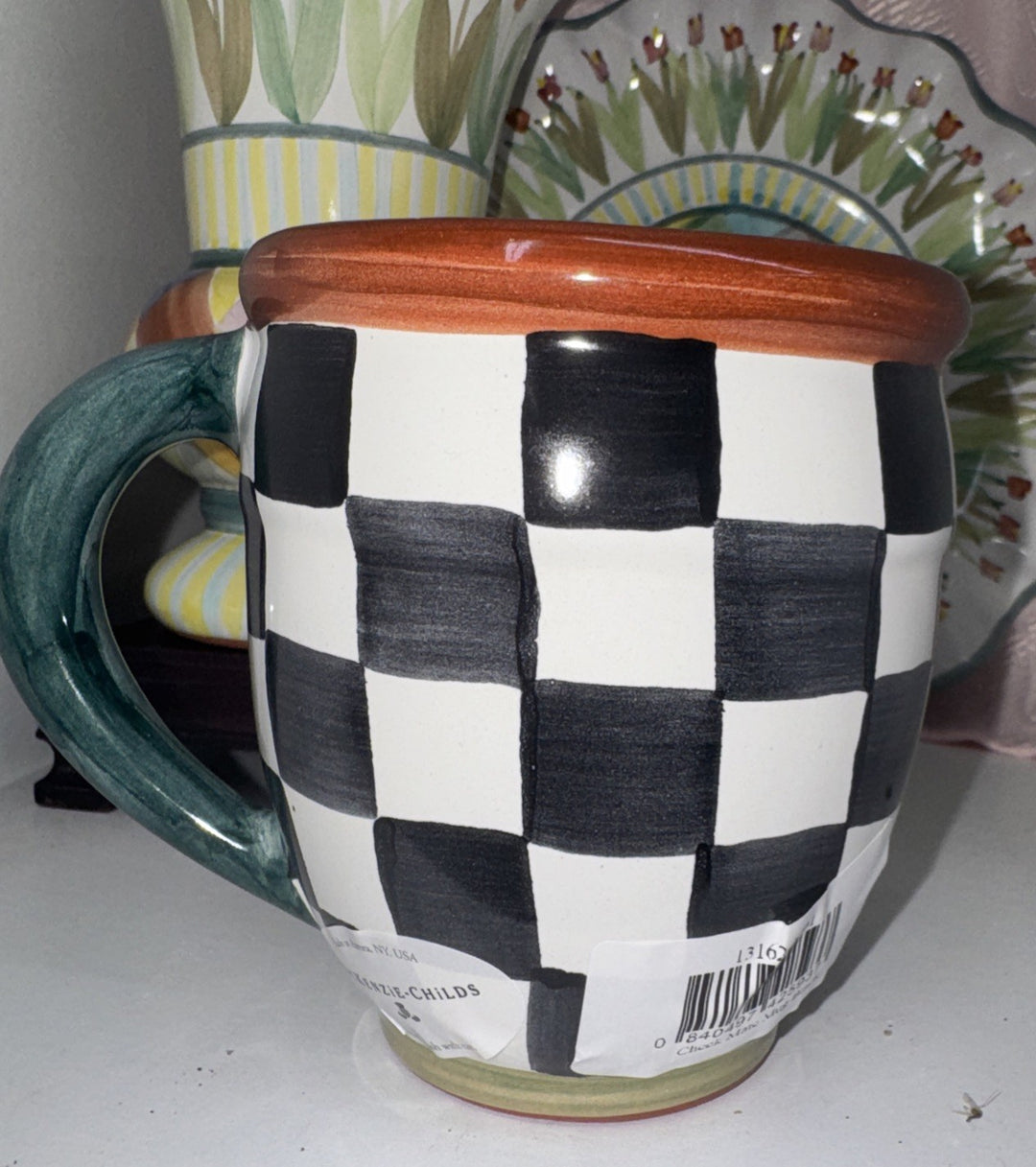 Mackenzie Childs Check Mate  Mug Black Courtly Hand Painted Majolica NWT