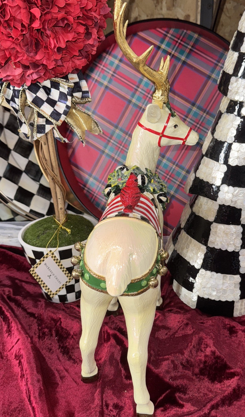 MacKenzie Childs Peppermint Standing Reindeer  11.5" x 4.5" With Cardinal-new
