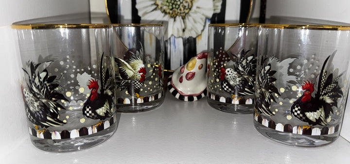 MacKenzie Childs Henhouse Tumblers set of 2 Rooster Chicken Glasses- New