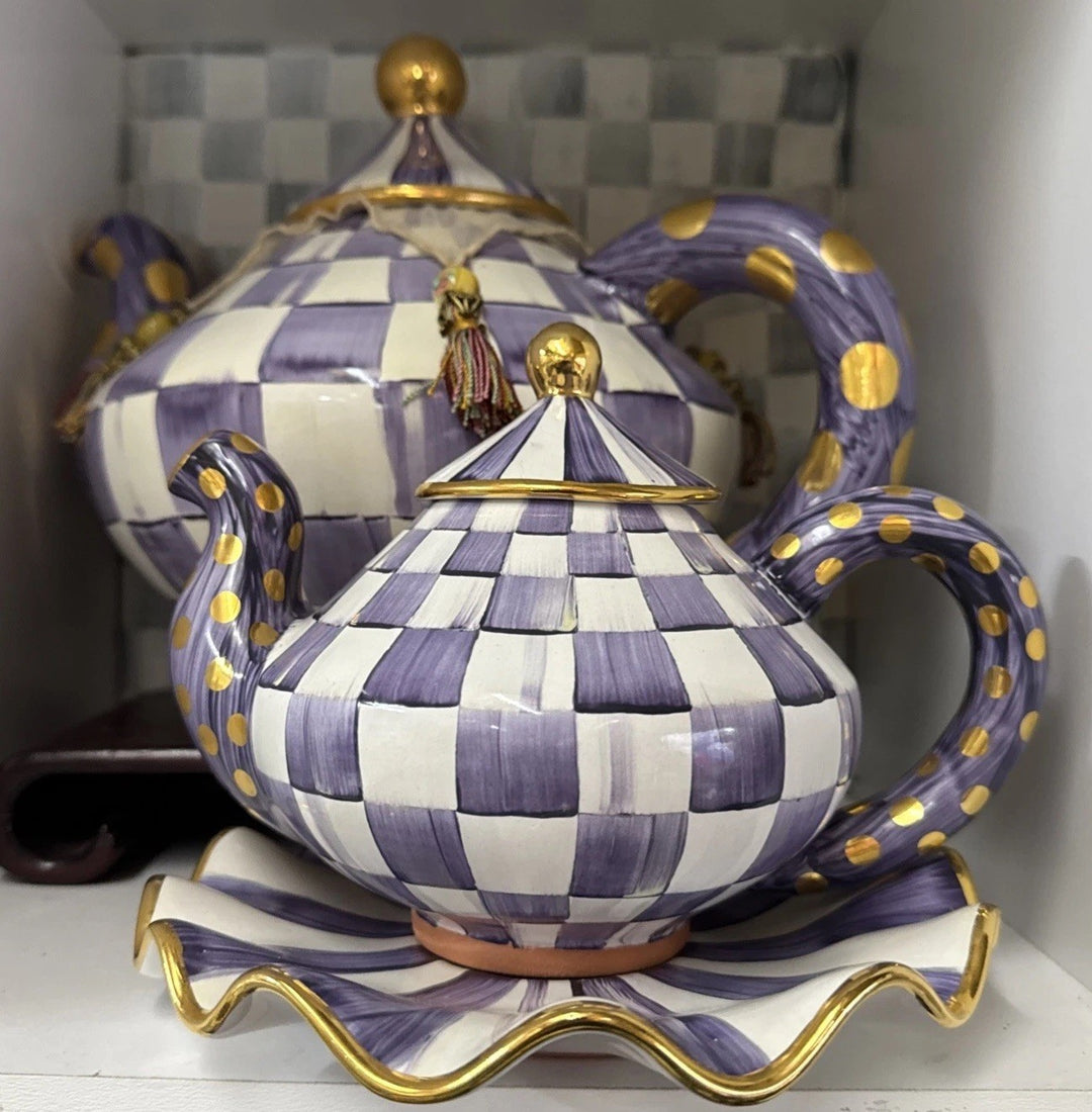 MacKenzie Childs One Small Ceramic Purple Teapot Plum Violet Check Rare Size