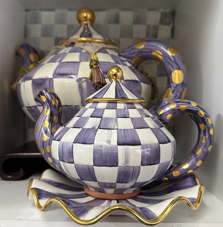 MacKenzie Childs One Small Ceramic Purple Teapot Plum Violet Check Rare Size