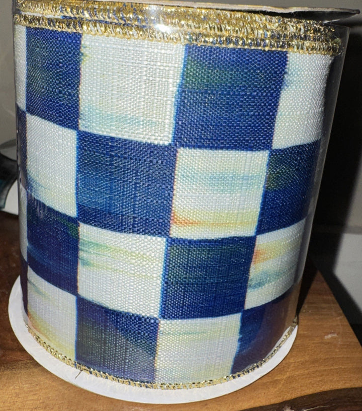 MacKenzie Childs Royal Check 4" Wide Wired Gold Edge Ribbon Lime Backing - Roll