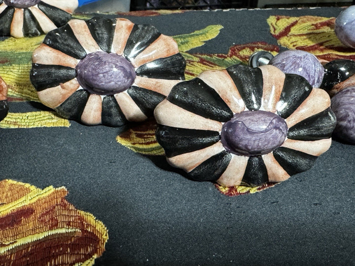 MacKenzie Childs  Ribbed Majolica Cabinet Pulls 2-Knob- Orange, Black And Purple