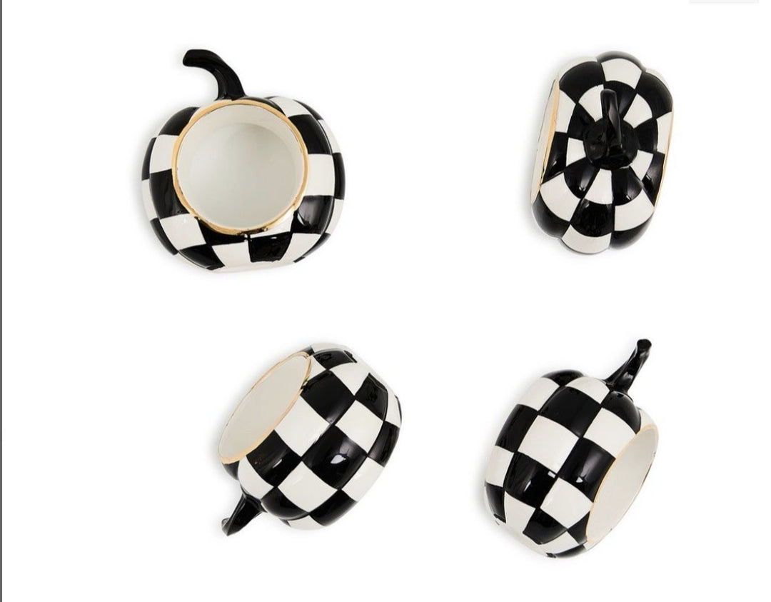Mackenzie Childs COURTLY CHECK PUMPKIN Napkin Ring Set of 4  Ceramic Nib
